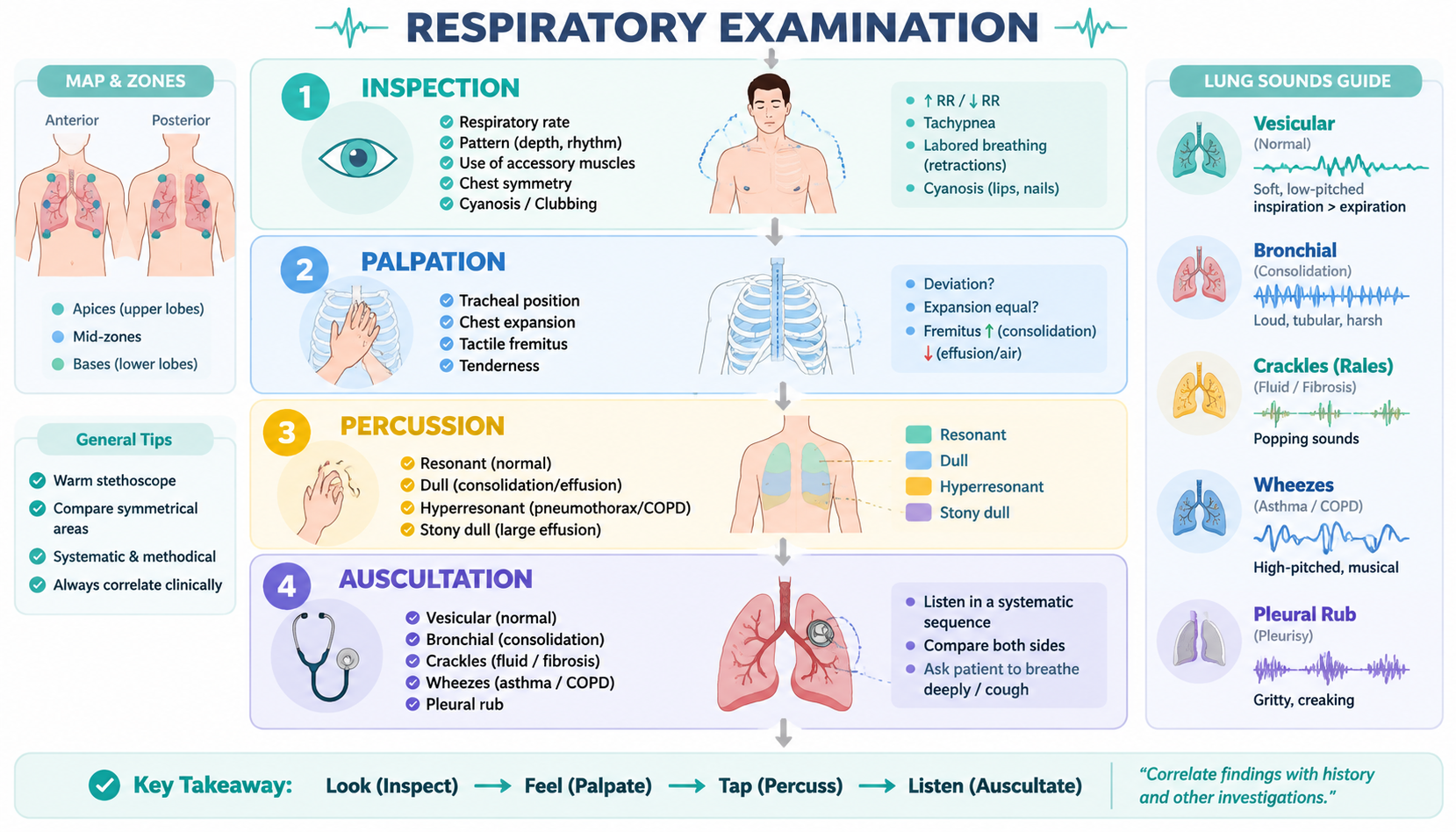 Respiratory exam — 4 steps (inspection, palpation, percussion, auscultation) + key findings (呼吸系统检查四步法与关键体征)