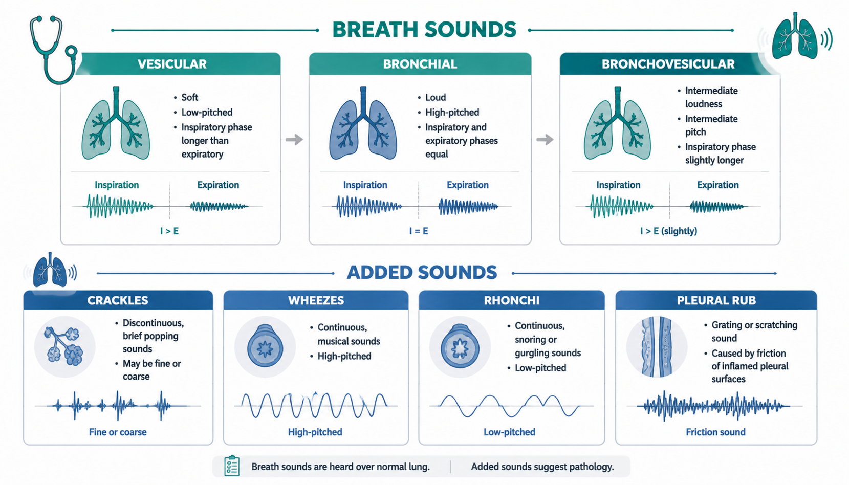 Breath sounds — vesicular, bronchial, bronchovesicular + added sounds (呼吸音与附加音鉴别)