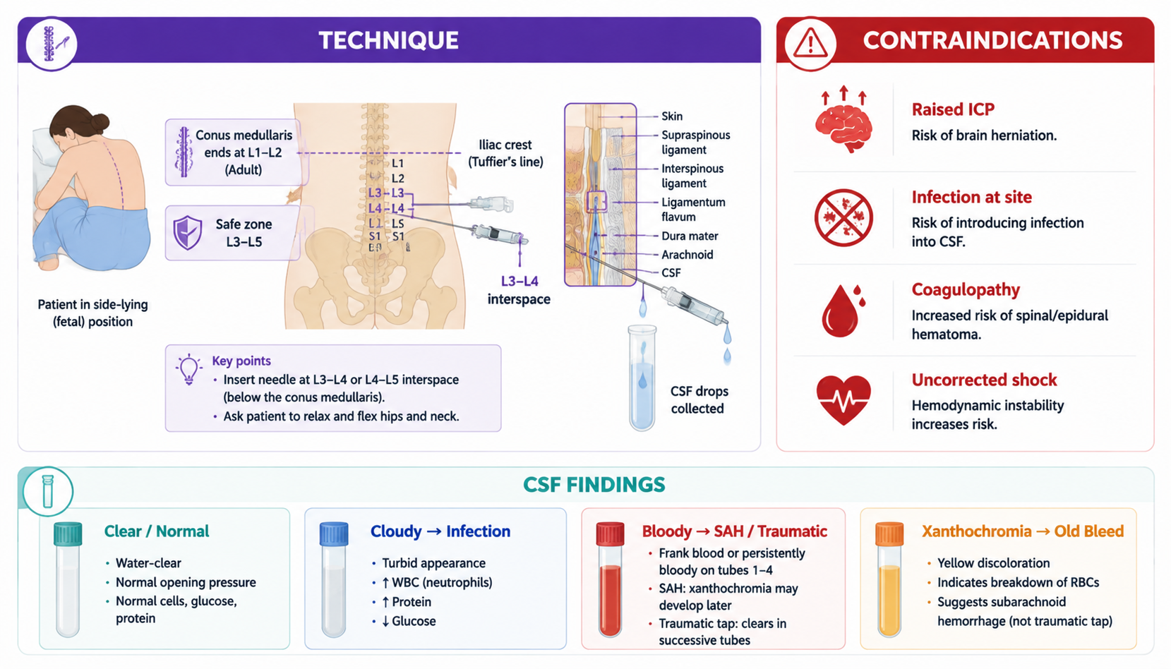Lumbar puncture — technique, contraindications, CSF findings (腰椎穿刺：操作技术、禁忌症、脑脊液结果判读)
