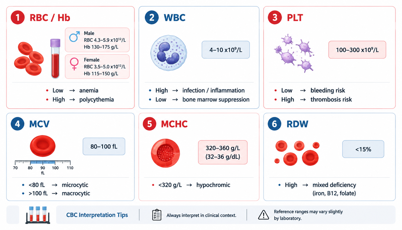 CBC parameters — normal ranges + clinical interpretation (血常规参数与临床意义)