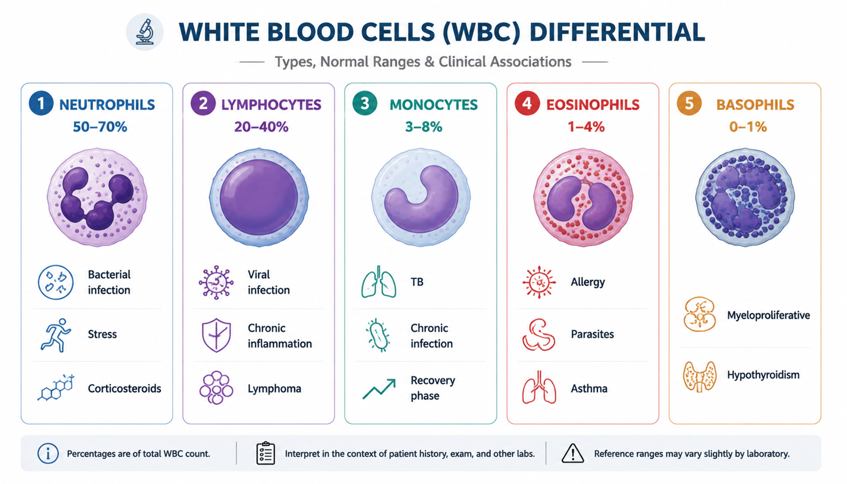 WBC differential — five cell types + clinical associations (白细胞分类与临床关联)