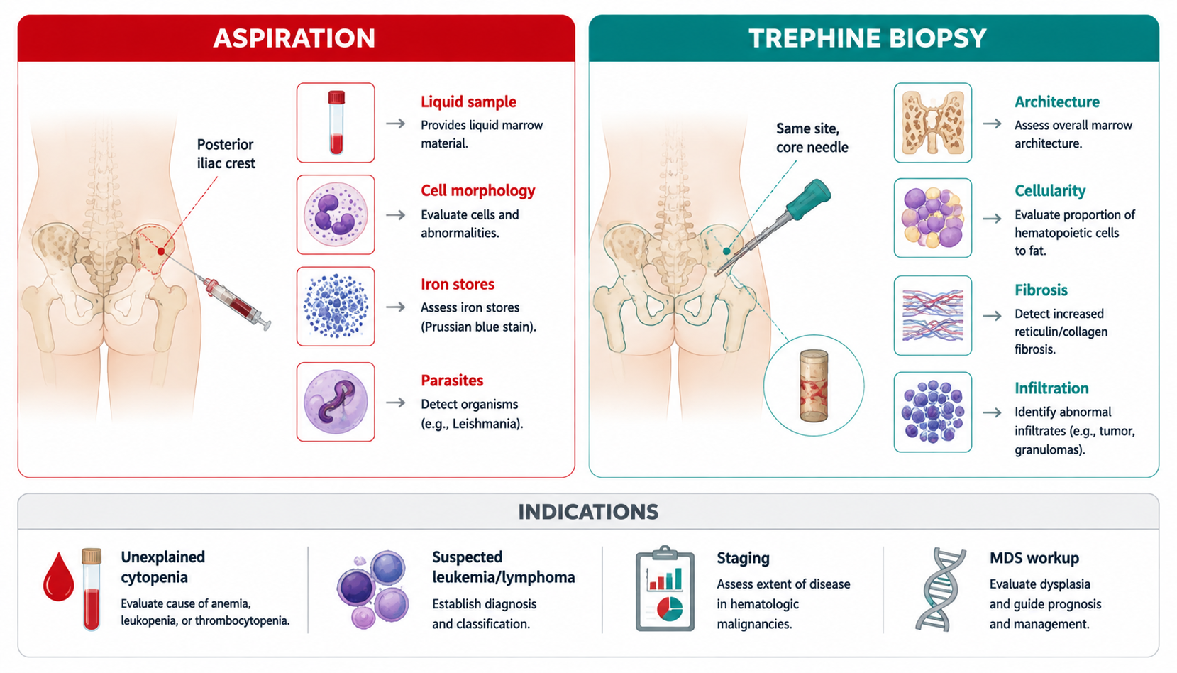 Bone marrow — aspiration vs trephine + indications (骨髓检查：穿刺与活检技术及适应症)
