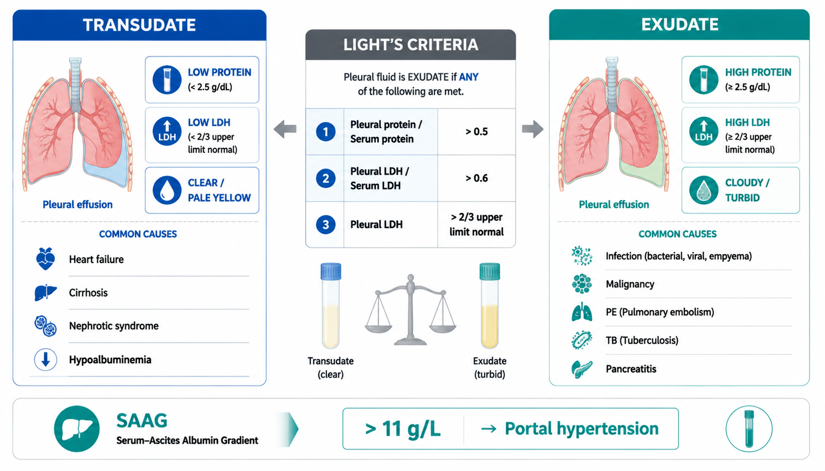 Pleural effusion — transudate vs exudate with Light's criteria + SAAG (胸腔积液:漏出液与渗出液鉴别及Light标准)