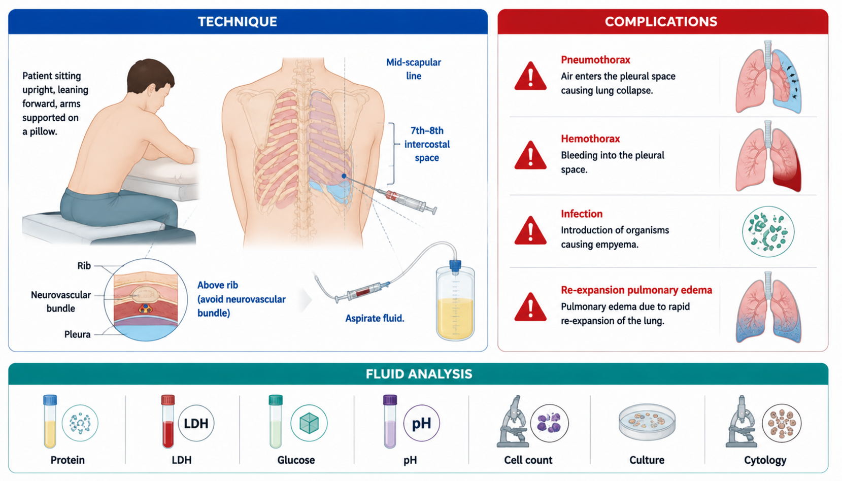 Thoracentesis — technique, complications, fluid analysis (胸腔穿刺:操作技术、并发症、积液分析)