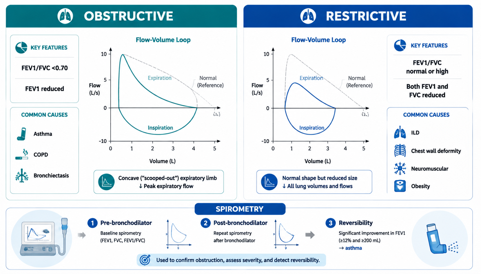 PFT — obstructive vs restrictive flow-volume loops + causes (肺功能检查：阻塞性与限制性通气障碍鉴别)