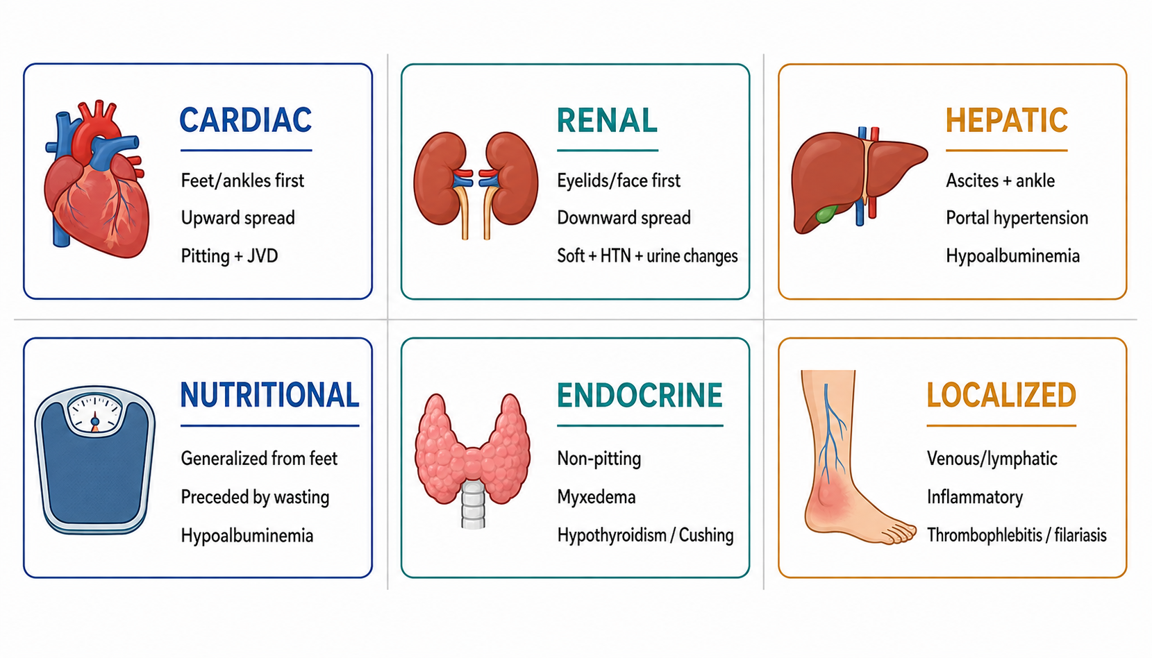 Six edema types with onset site, spread direction, and key associated findings (水肿分类与特征鉴别)