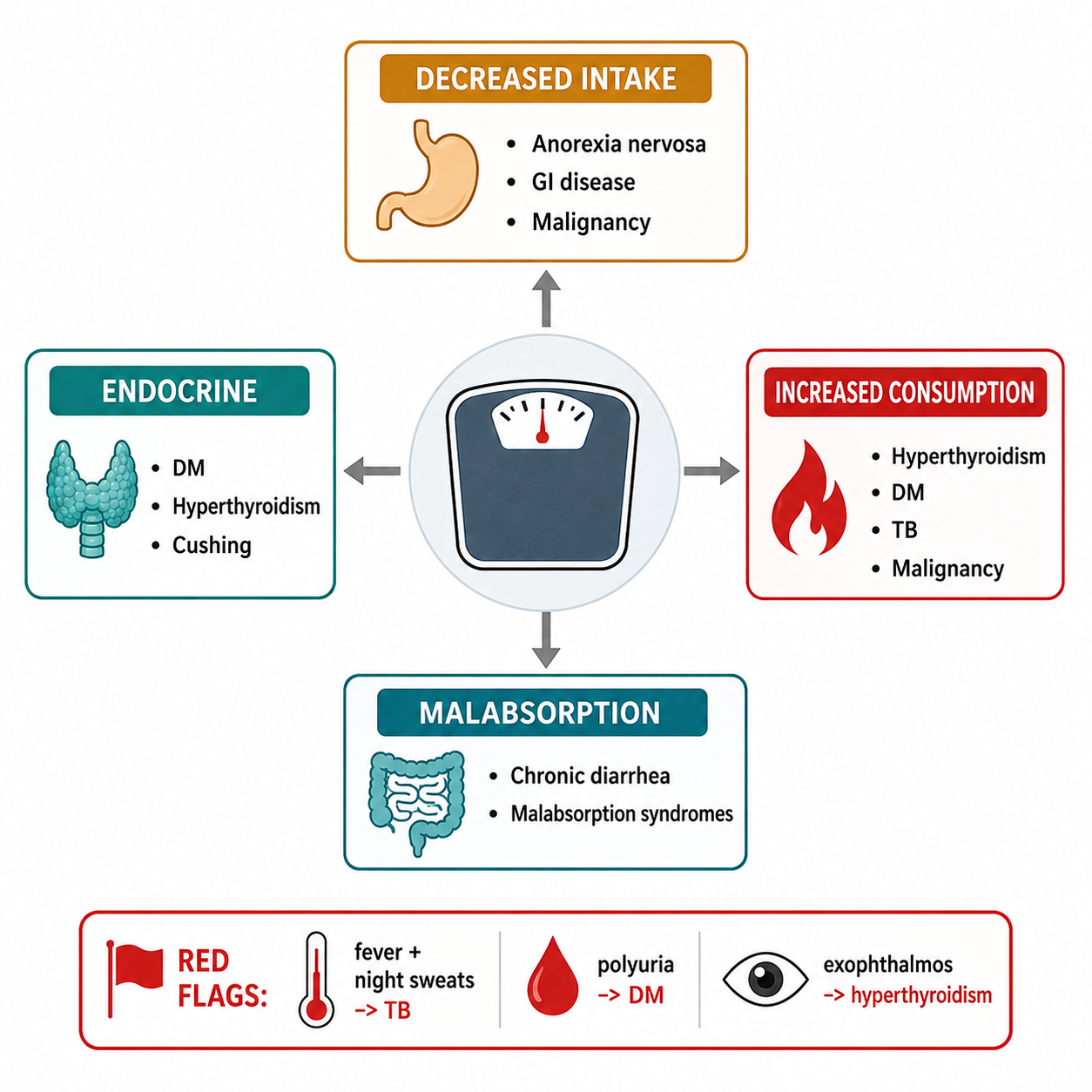 Weight loss etiology wheel — decreased intake, hypermetabolism, malabsorption, endocrine + red flags (消瘦病因与红旗征)