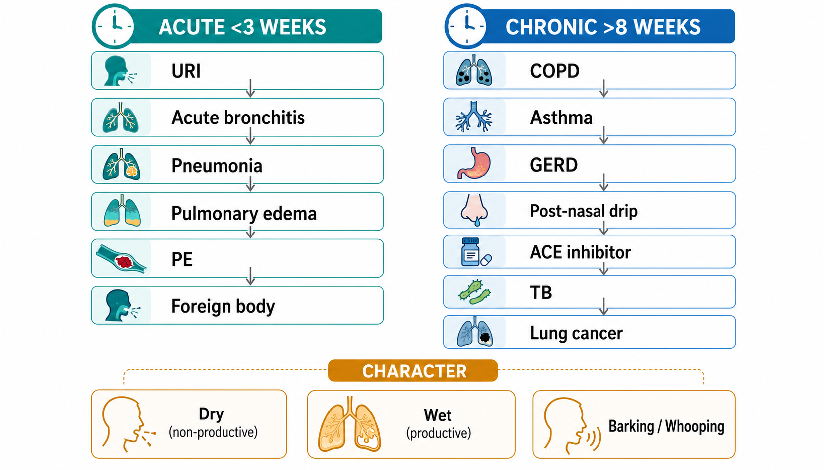 Cough differential — acute vs chronic causes + character types (咳嗽鉴别)