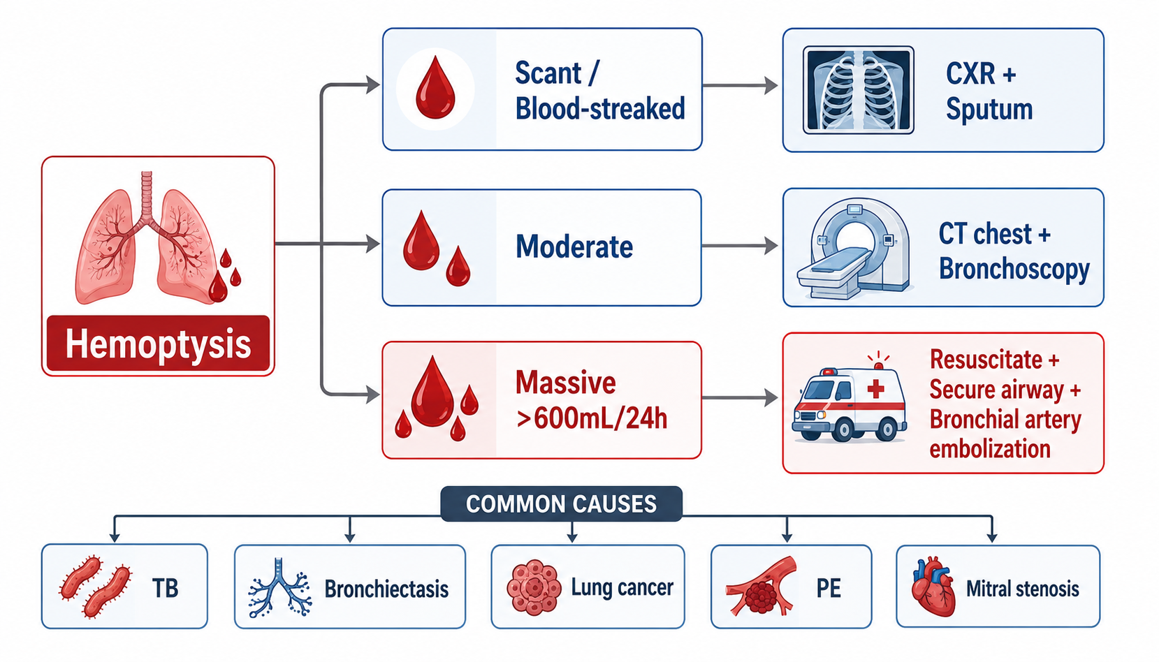 Hemoptysis severity grading + workup pathway + common causes (咯血严重程度分级与诊疗流程)