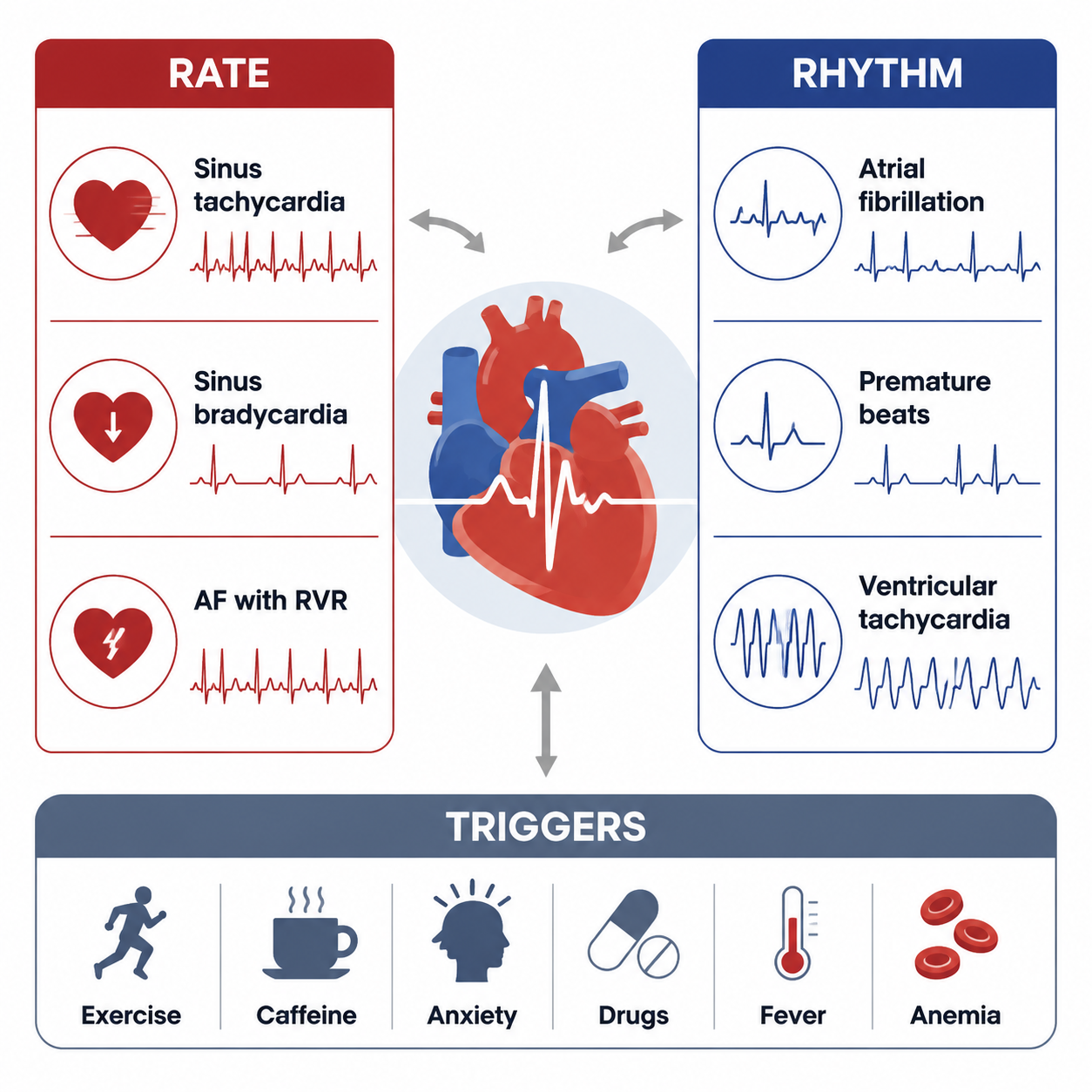 Palpitation — rate vs rhythm abnormalities + common triggers (心悸:心率与心律异常及诱因)