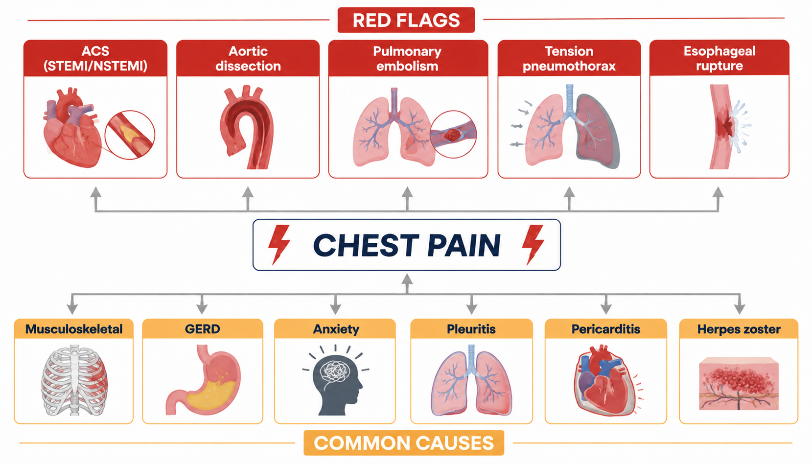 Chest pain — life-threatening red flags vs common causes (胸痛:致命性病因与常见病因鉴别)