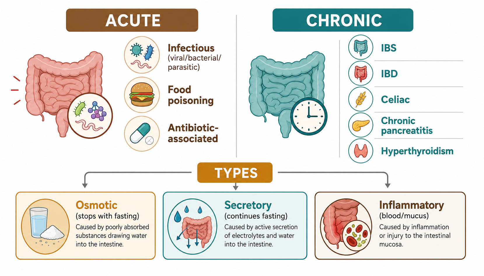 Diarrhea — acute vs chronic causes + osmotic/secretory/inflammatory types (腹泻:急性vs慢性病因与分型)