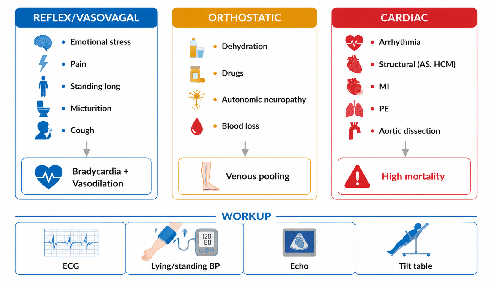 Syncope — reflex, orthostatic, cardiac mechanisms + workup (晕厥：三种机制与检查流程)