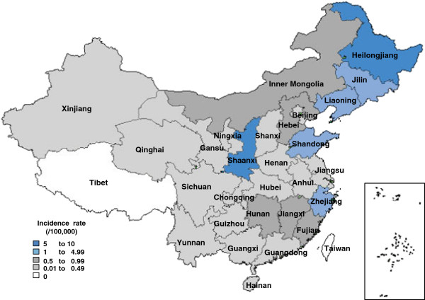 Geographic distribution of HFRS in China 2006–2012 — endemic in northern and central agricultural regions, with sporadic forest foci.